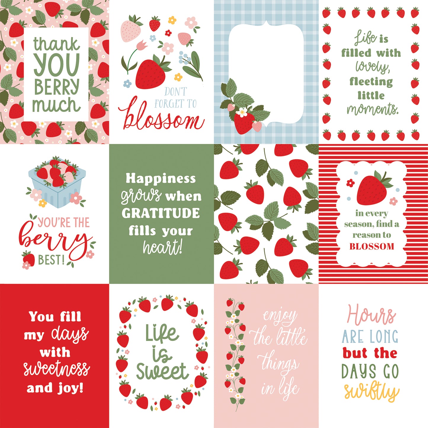 Echo Park - Strawberry Fields Collection - 12 x 12 Double Sided Paper - 3 x 4 Journaling Cards