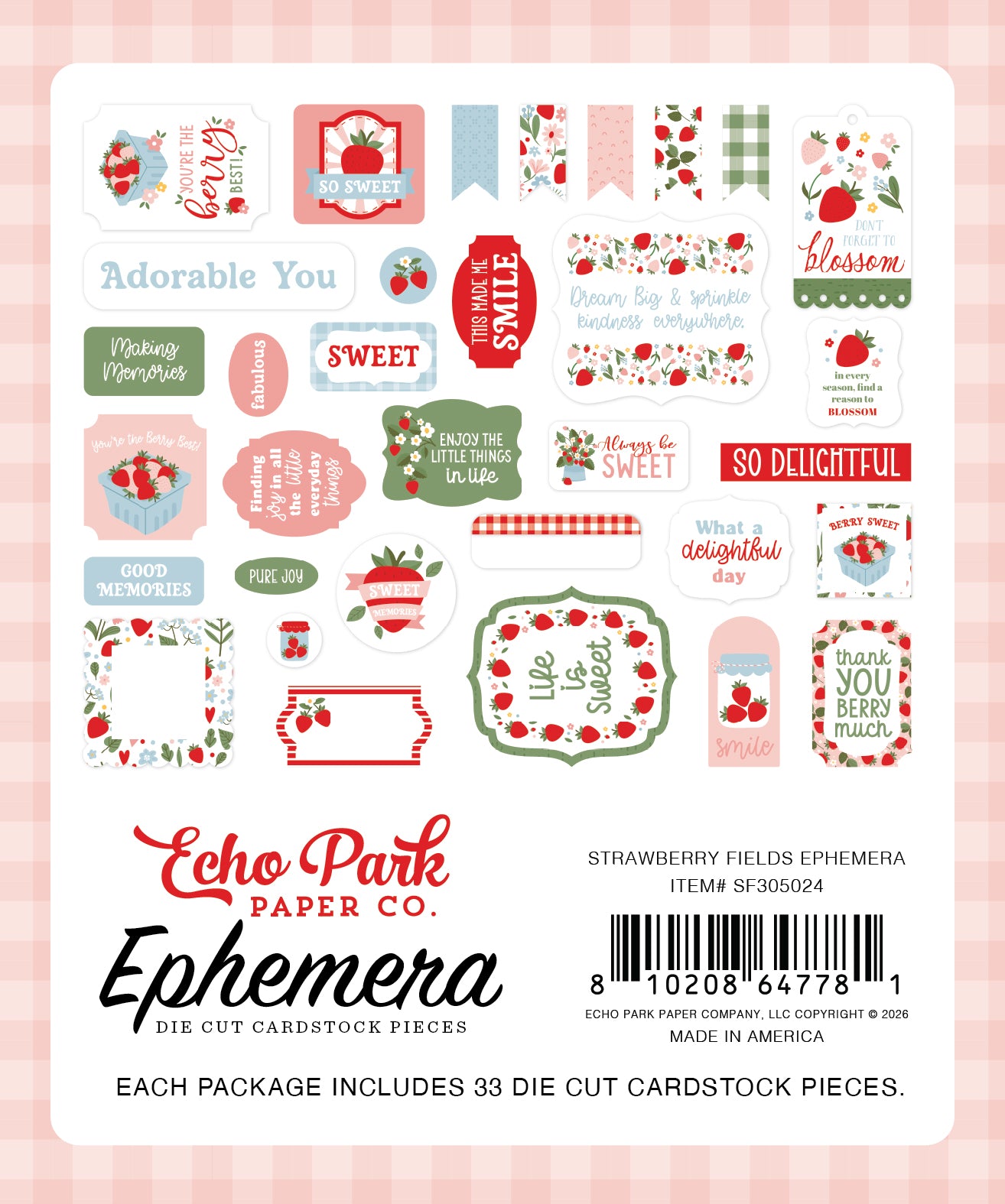 Echo Park Paper Co. Strawberry Fields Ephemera packaging with die-cut cardstock pieces on a pink background.