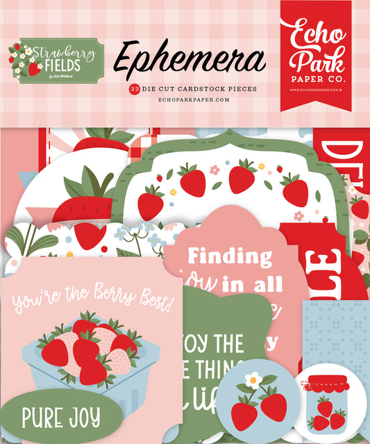 Packaging of Echo Park Paper Co. Strawberry Fields ephemera with die-cut cardstock pieces.