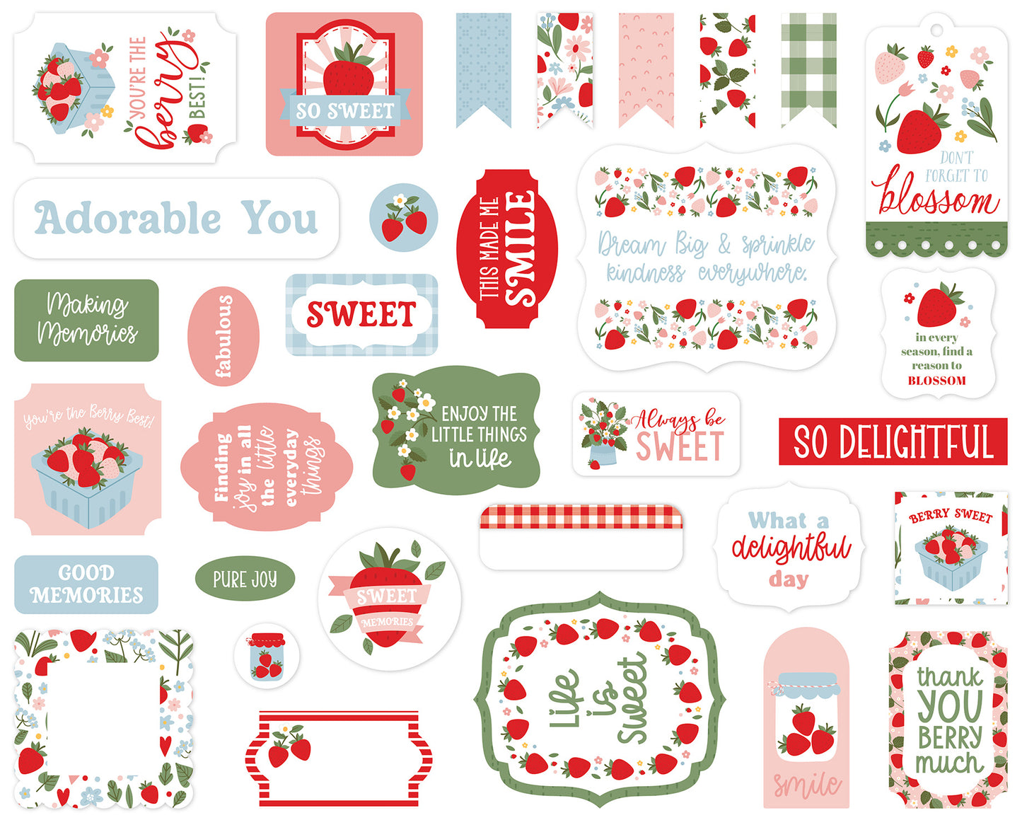 Collection of decorative stickers with strawberry-themed designs and text on a white background