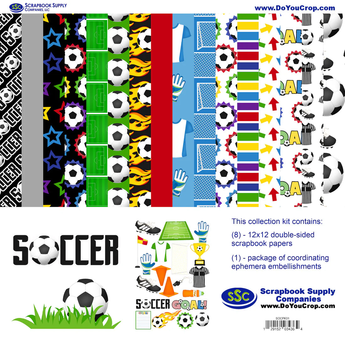 Collection kit for scrapbooking with soccer-themed papers and embellishments.