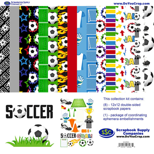 Collection kit for scrapbooking with soccer-themed papers and embellishments.