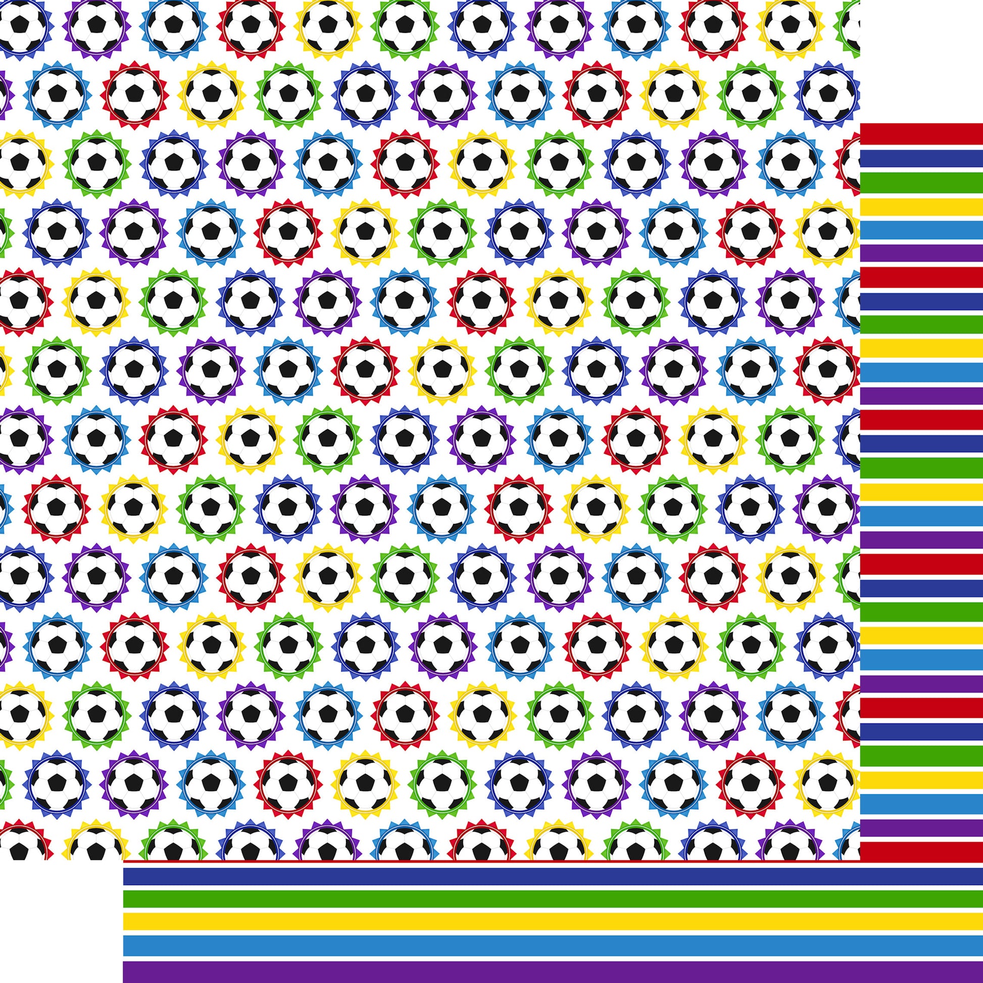 Colorful patterned paper with soccer ball design and rainbow stripes on a white background