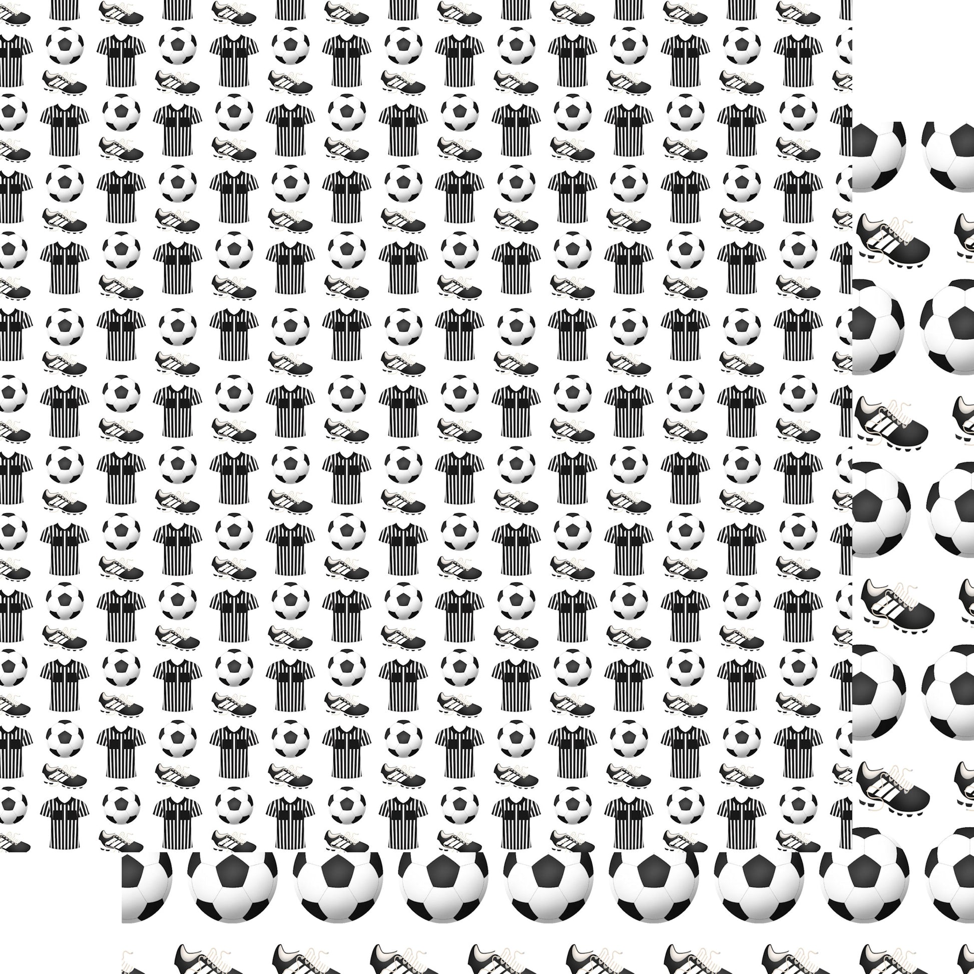 Pattern of soccer balls, shirts, and shoes on a white background