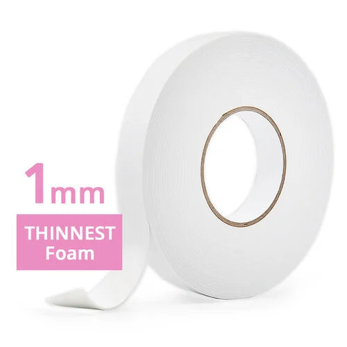 Roll of white foam tape with text indicating thickness on a white background