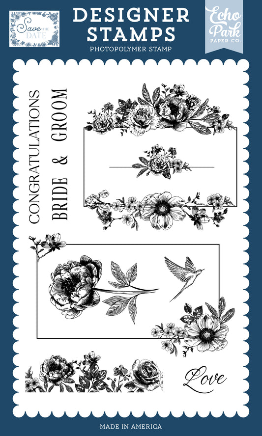 Designer stamps with floral designs and text on a blue background