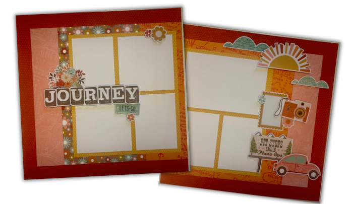 Two scrapbook paper layouts with a red border, orange inner sections, and decorative elements including the word 'JOURNEY', clouds, a sun, a camera, a small car, and photo frame placeholders.