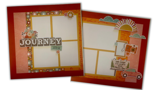 Two scrapbook paper layouts with a red border, orange inner sections, and decorative elements including the word 'JOURNEY', clouds, a sun, a camera, a small car, and photo frame placeholders.