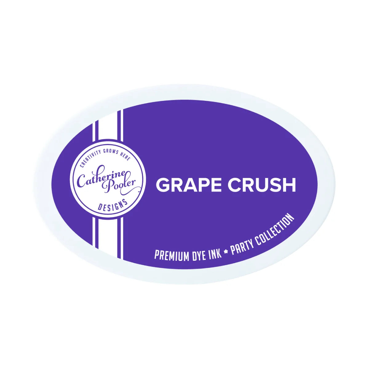 An oval label for a Catherine Pooler Designs premium dye ink in the Grape Crush shade, featuring a purple background with white text and a white circular logo.