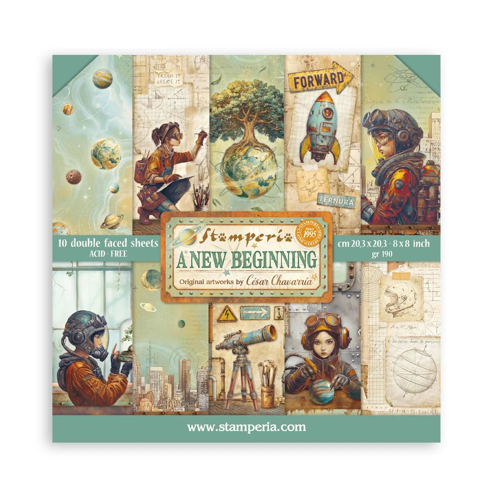 Stamperia 'A New Beginning' art paper set with illustrations on a white background