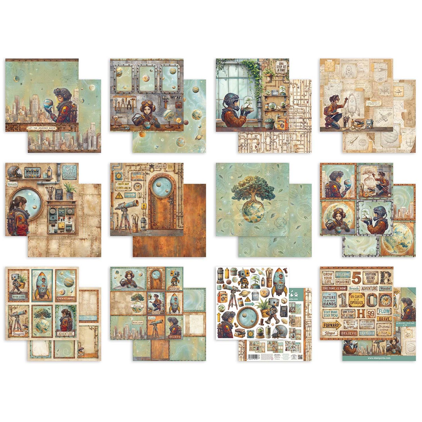 Collection of vintage-style sheets of 12x12 double sided cardstock with illustrations and text on a white background