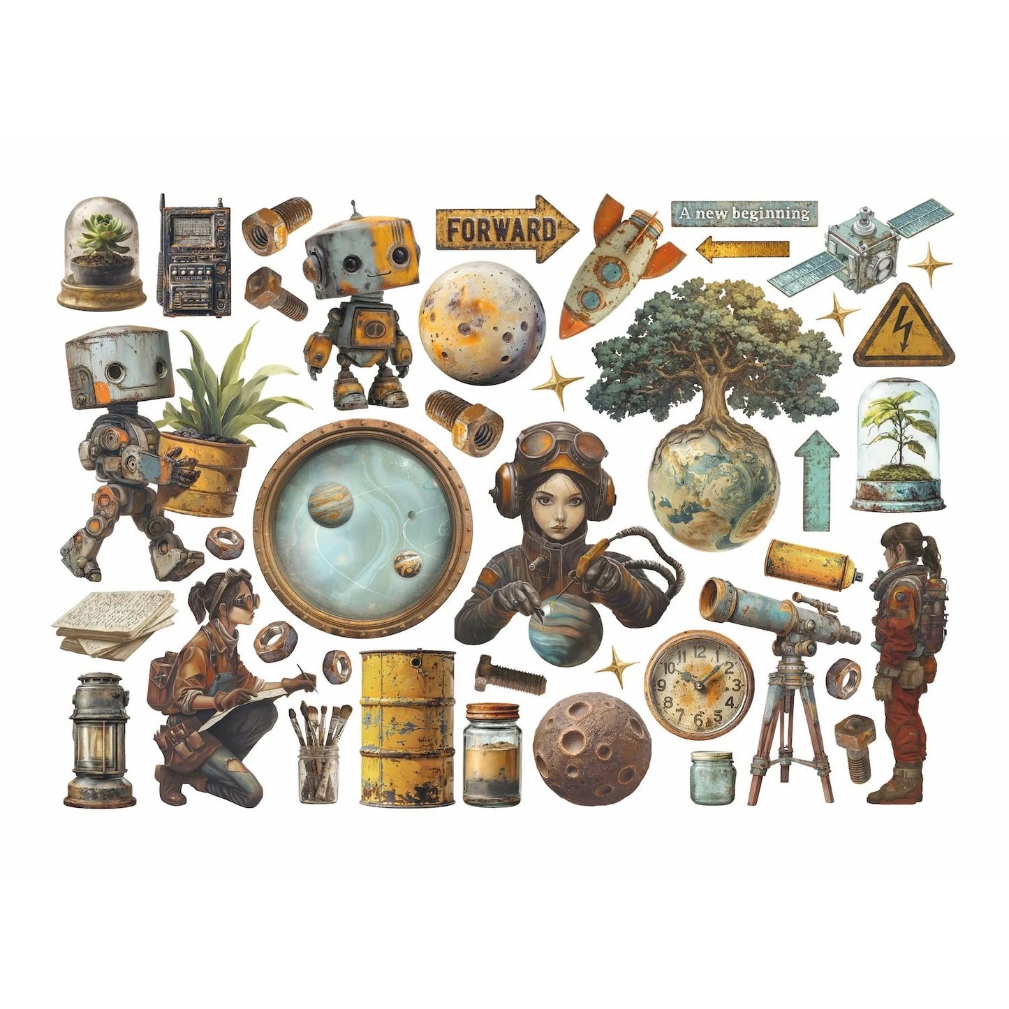 Collage of vintage-style space-themed objects including robots, planets, and scientific instruments on a white background.