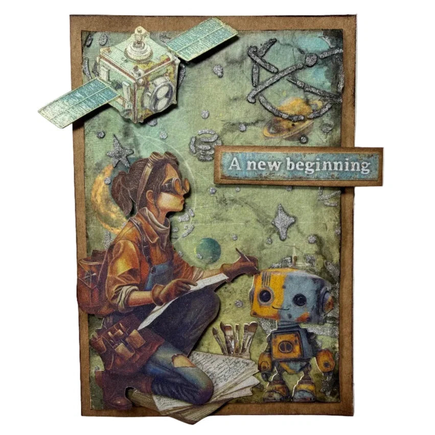 Artistic depiction of a person with a robot, titled 'A new beginning', on a textured background.