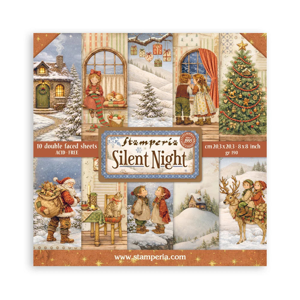 Stamperia 'Silent Night' paper pack with Christmas-themed illustrations on a white background