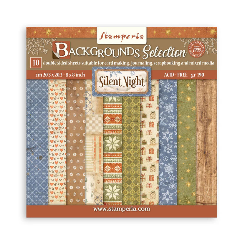 Stamperia Backgrounds Selection 'Silent Night' card making paper pack, featuring 10 double-sided sheets with various autumn-themed patterns like snowflakes, ornaments, and wood textures in blue, green, beige, and brown.
