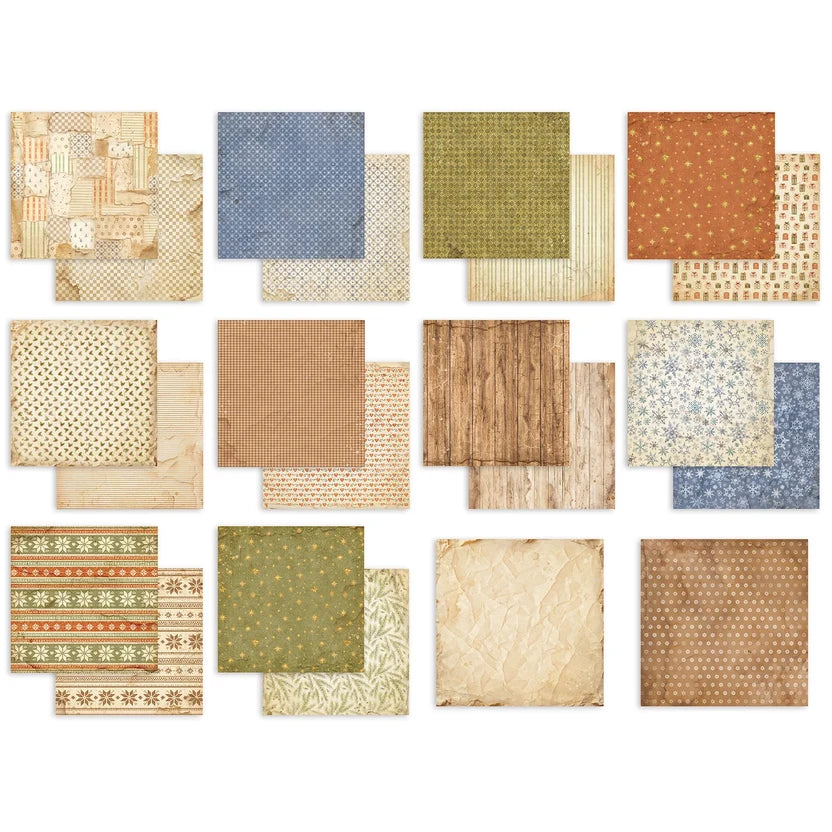 A display of 16 patterned paper swatches in warm neutral and earthy tones, including beige, brown, blue, green, and orange, arranged on a white background.