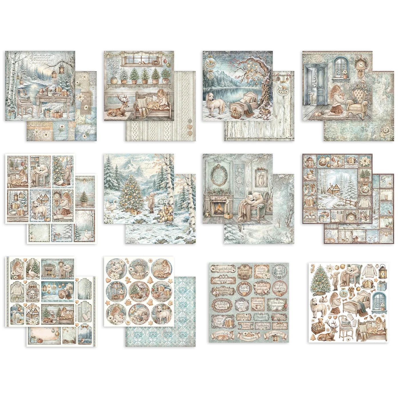 A set of 15 vintage-style Christmas-themed scrapbooking paper sheets arranged in a grid on a white background. The designs feature cozy winter scenes, snowy forests, cozy indoor holiday gatherings, and various decorative labels and frames in muted beige, blue, and gray tones.