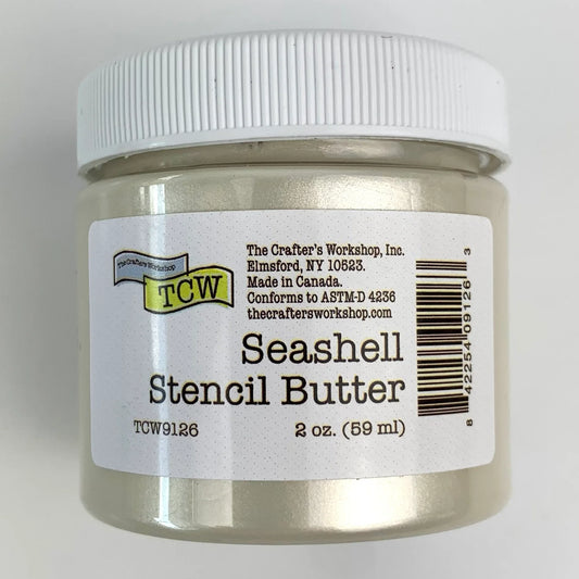 A jar of TCW Seashell Stencil Butter with a white ribbed lid and a white label showing the brand and product details.