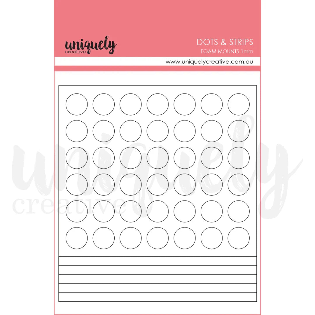 A sheet of uniquely creative foam craft mounts featuring rows of small oval cutouts and lined sections, with a pink header card labeled 'DOTS & STRIPS' and the brand name 'uniquely creative'.
