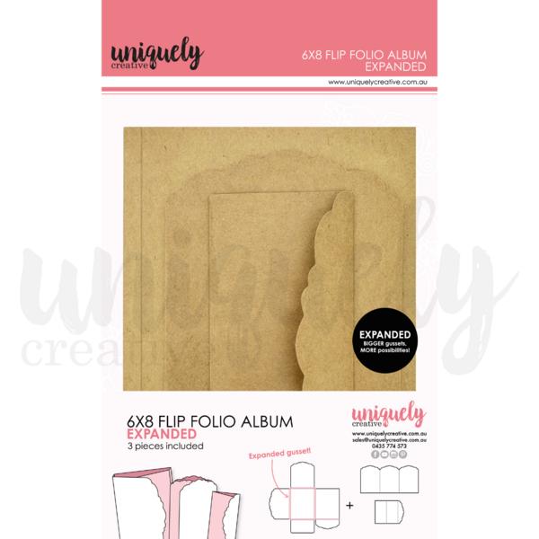 Uniquely Creative 6x8 Flip Folio Album Expanded, featuring a kraft paper sample, product details, and construction diagrams on a white background with a pink header.