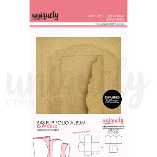 Uniquely Creative 6x8 Flip Folio Album Expanded, featuring a kraft paper sample, product details, and construction diagrams on a white background with a pink header.