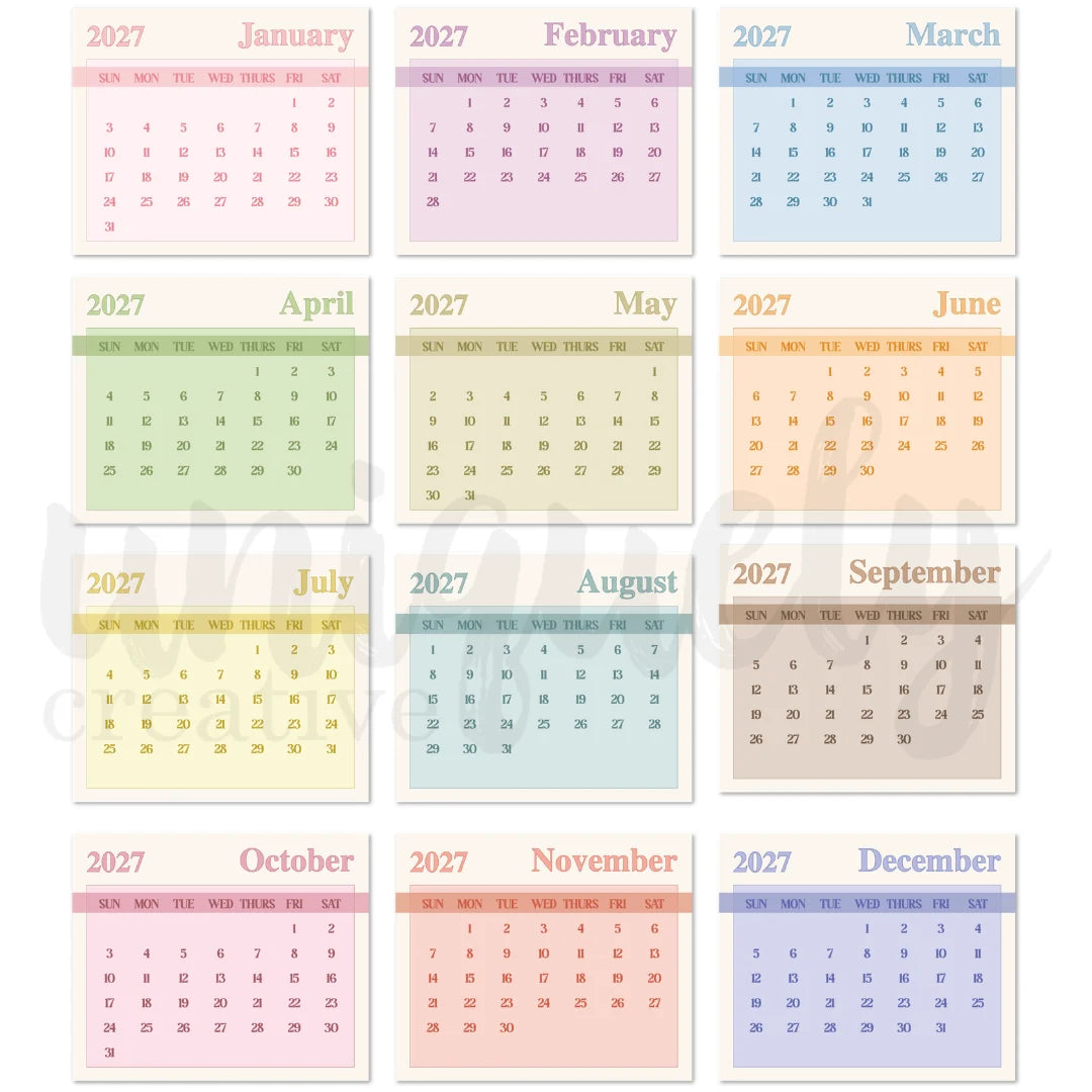 Grid of pastel-colored monthly calendars for 2027.
