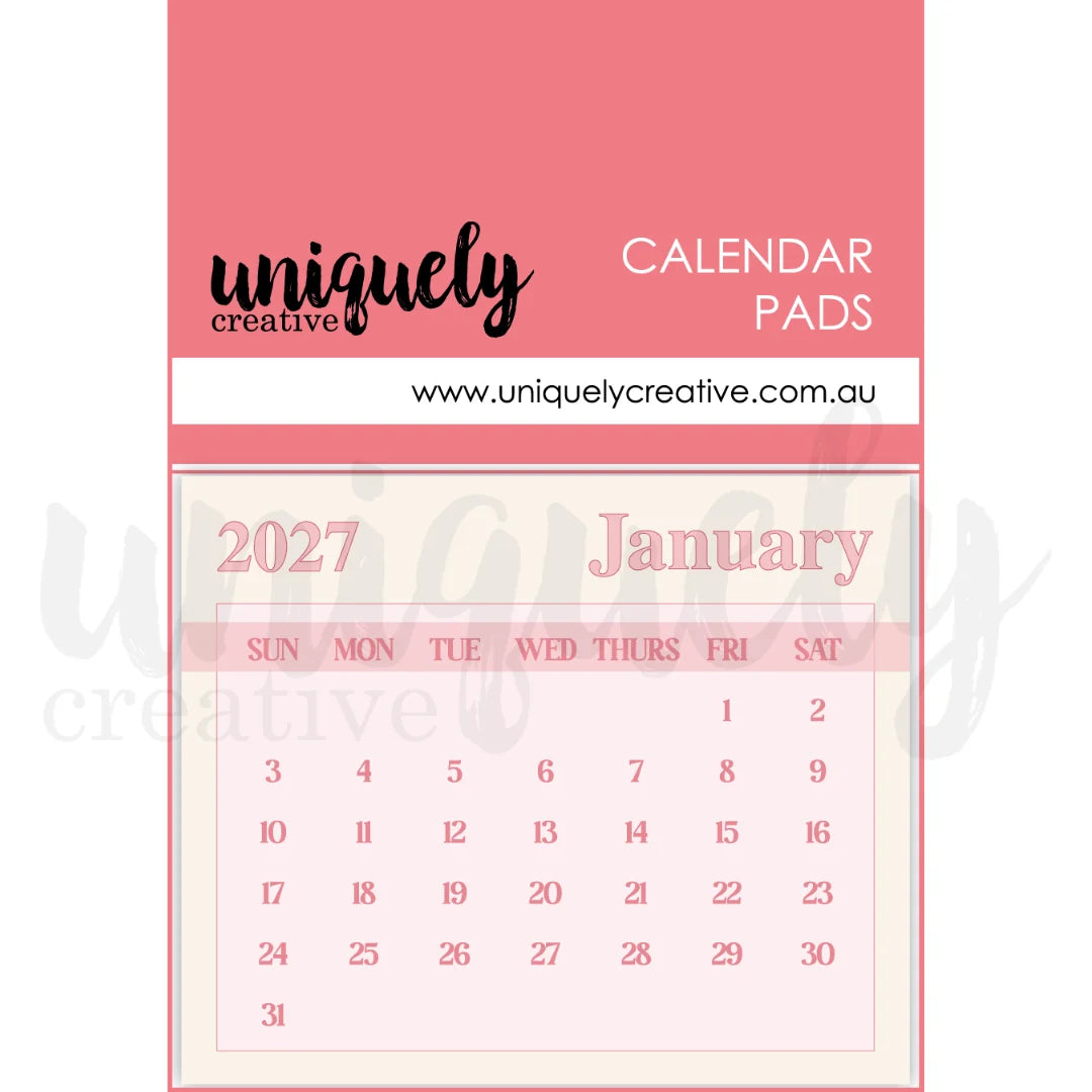 Calendar pad for January 2027 with 'uniquely creative' branding on a pink background