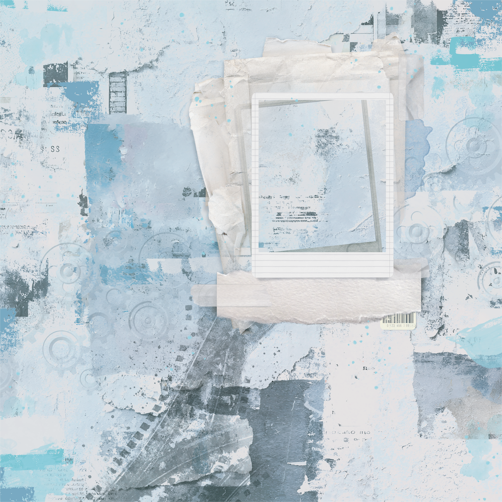 A square collage-style artwork with layered paper textures, torn edges, and a central white frame-like rectangle on a distressed light blue, white, gray, and beige background.