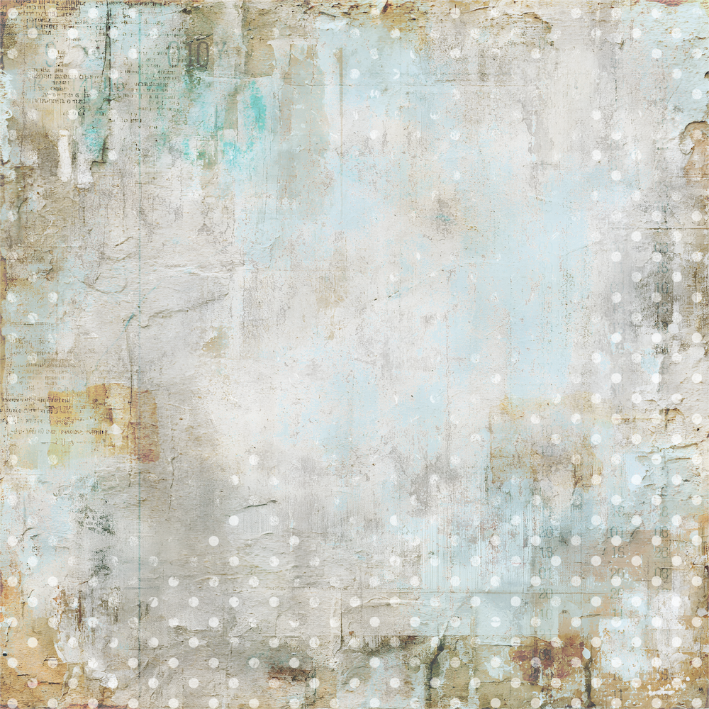Abstract textured art print featuring a distressed, weathered design with a light blue and off-white center, surrounded by beige, brown, and gray tones, decorated with white dotted patterns.