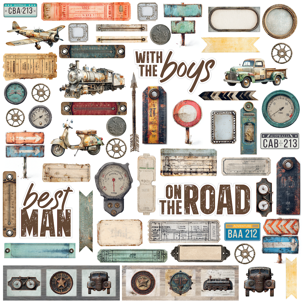 A collage of vintage-style scrapbook paper designs and decorative elements, including tickets, signs, a train, truck, motorcycle, car, airplane, gauges, wheels, and text phrases such as 'with the boys,' 'best man,' and 'on the road.'.