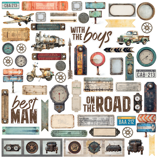 A collage of vintage-style scrapbook paper designs and decorative elements, including tickets, signs, a train, truck, motorcycle, car, airplane, gauges, wheels, and text phrases such as 'with the boys,' 'best man,' and 'on the road.'.