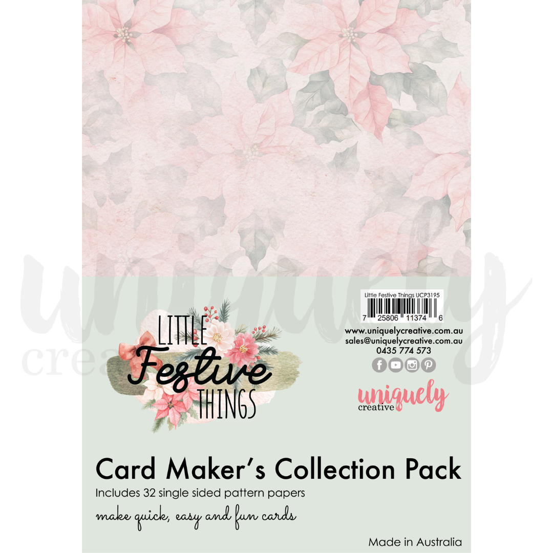 Front cover of the 'Card Maker's Collection Pack' by uniquely creative, featuring a watercolor poinsettia pattern on a pale sage green background with floral graphics and product details.