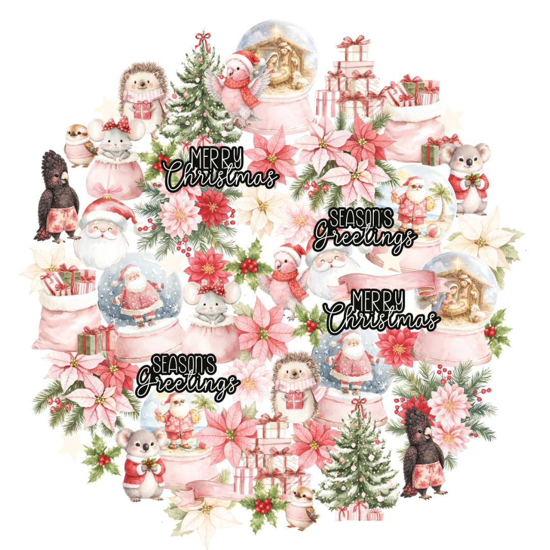 A festive Christmas collage featuring watercolor-style illustrations of Santa Claus, snow globes, poinsettias, gift boxes, small animals, evergreen trees, and decorative text reading 'Merry Christmas' and 'Seasons Greetings' on a white background.