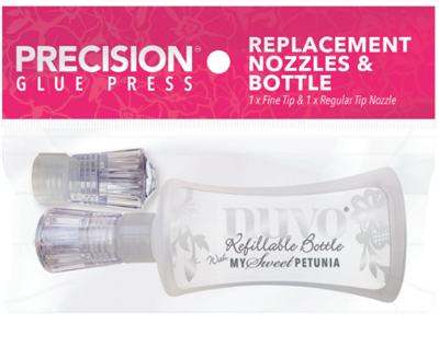 Precision Glue Press replacement nozzles and bottle packaging with pink label.