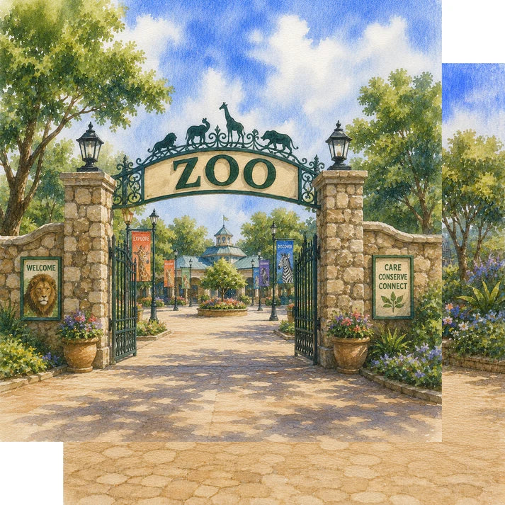 A painted zoo entrance scene with a stone pillar gate, black metal arch, lion and giraffe silhouettes, large 'ZOO' lettering, trees, flowers, and a paved walkway leading inward.