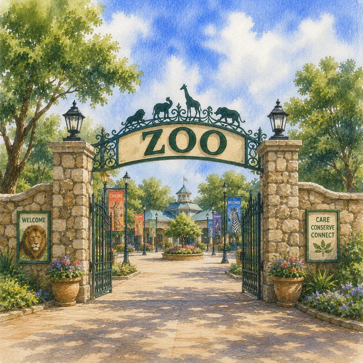 Zoo entrance with stone pillars and decorative archway