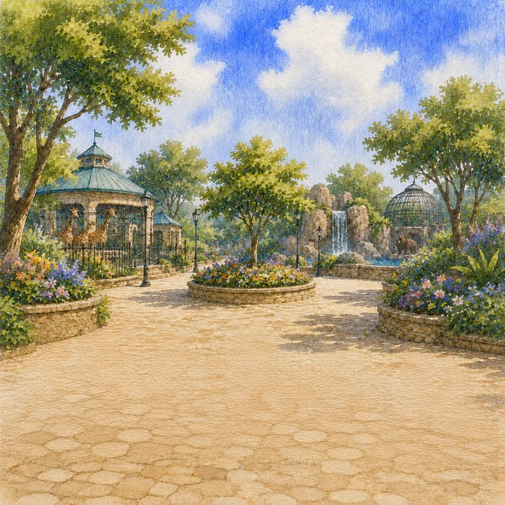 Pavilion and garden zoo scene with flowers and trees under a blue sky.