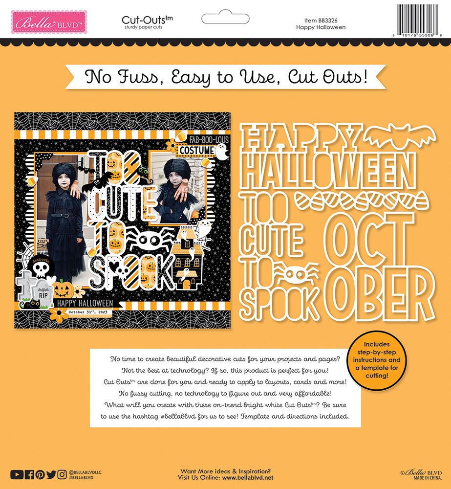 A flat lay of Bella Blvd 'Cut Outs!' Halloween scrapbook paper featuring a collage of seasonal designs, a large white 'HAPPY HALLOWEEN' text element, and a black-and-orange product information panel on an orange background.