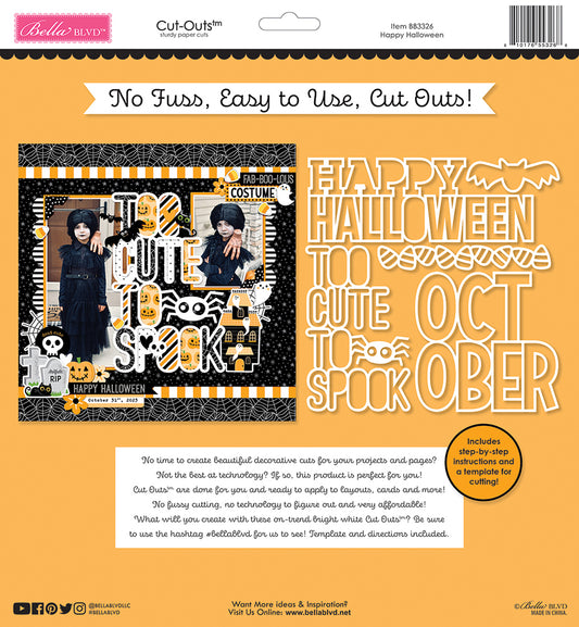 A flat lay of Bella Blvd 'Cut Outs!' Halloween scrapbook paper featuring a collage of seasonal designs, a large white 'HAPPY HALLOWEEN' text element, and a black-and-orange product information panel on an orange background.