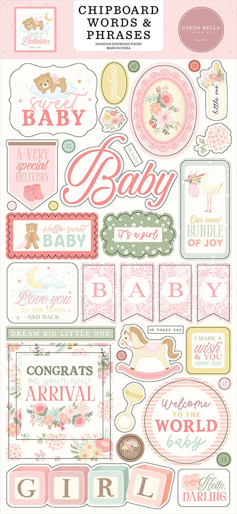 Carta Bella - Little Lullabies Baby Girl Collection - Chipboard Phrases
