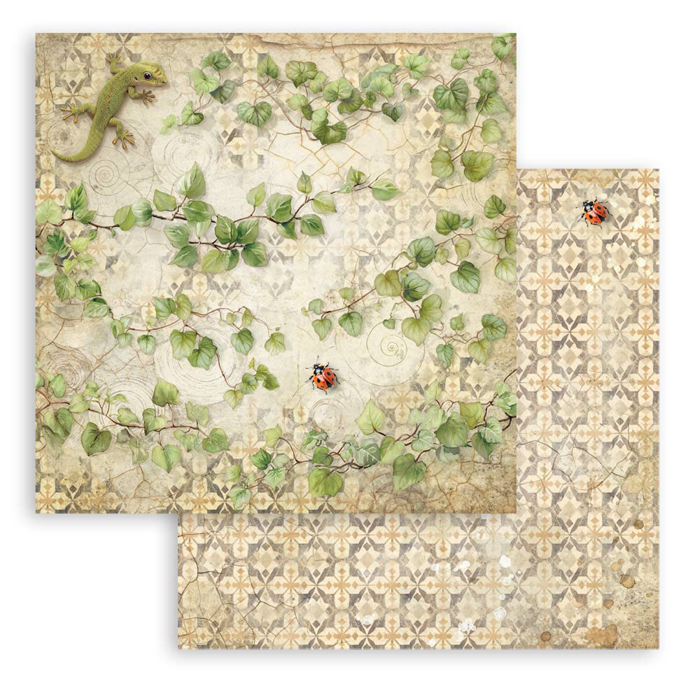 Double sided decorative paper with nature-themed designs featuring leaves, a lizard, and a ladybug on a beige background.