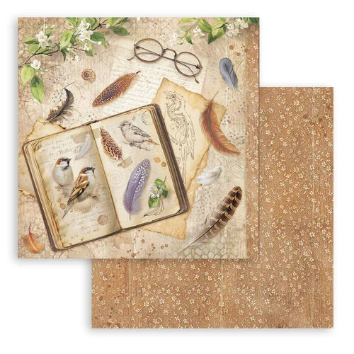 Vintage-style paper with birds, feathers, and glasses on a floral background