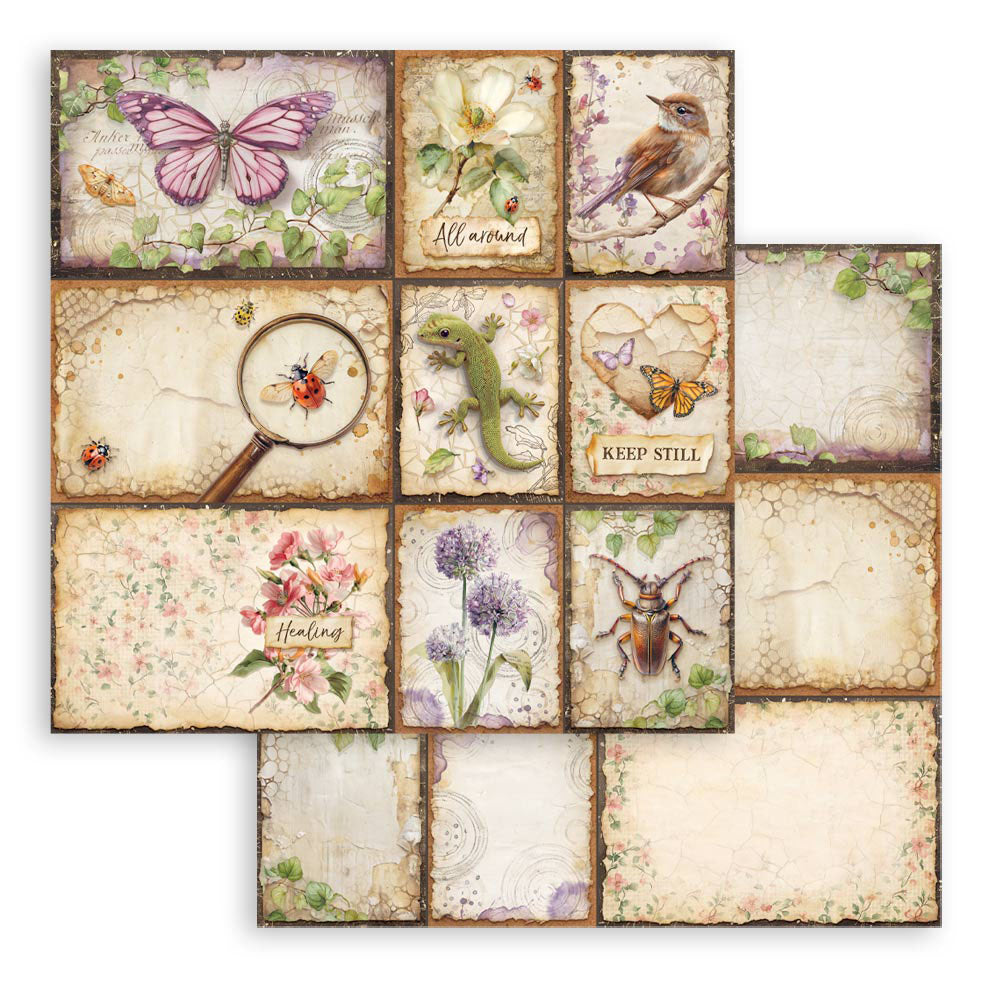 Collage of nature-themed square illustrations with butterflies, birds, flowers, and insects on a white background.