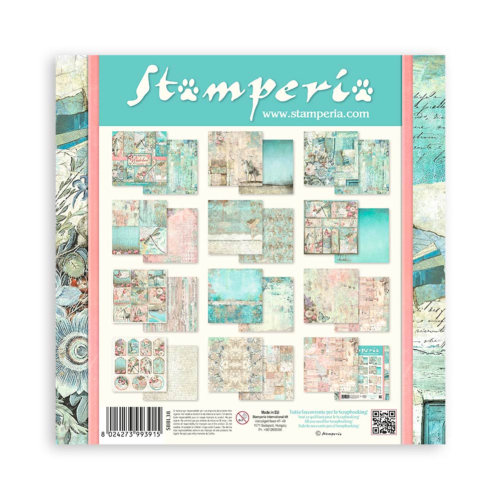 Pack of Stamperia paper sheets with various designs on a white background