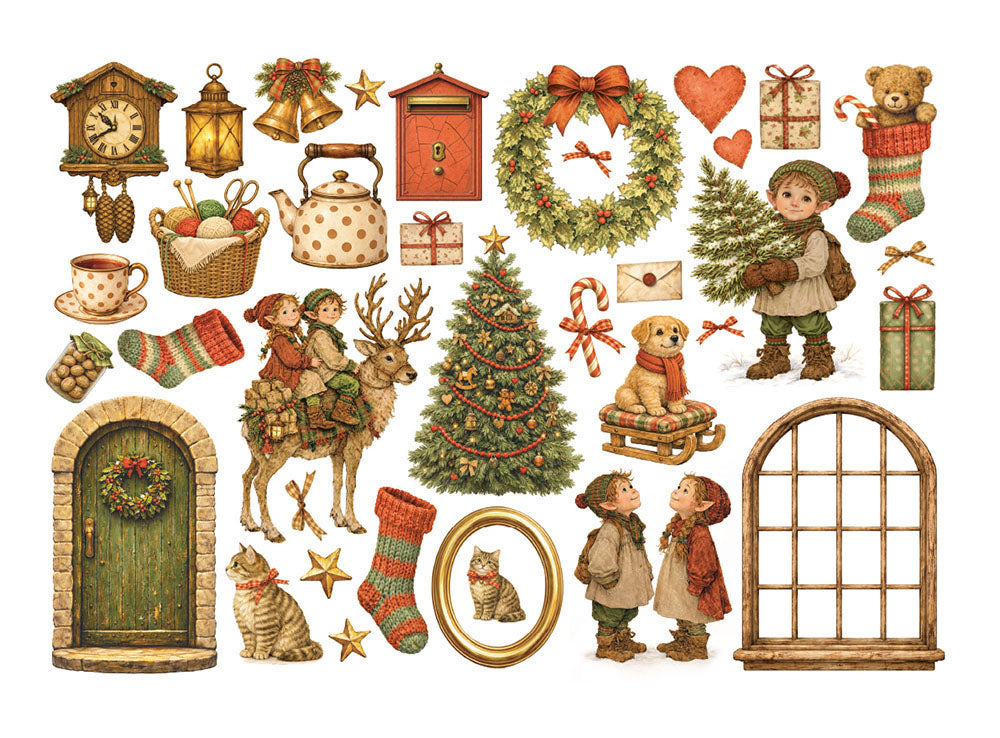 A collection of vintage Christmas-themed illustrations and clipart elements, including a green wreath with red bows, a decorated Christmas tree, stockings, gifts, children, a reindeer, a clock, lanterns, and other holiday motifs on a white background.