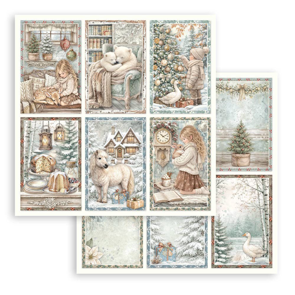 A set odecorative cards or art prints arranged in an overlapping fan layout on a 12"x12" piece of cardstock. Each card features a soft, vintage-style winter illustration with scenes of children, a dog, a goose, a small house, candles, books, and snowy trees.