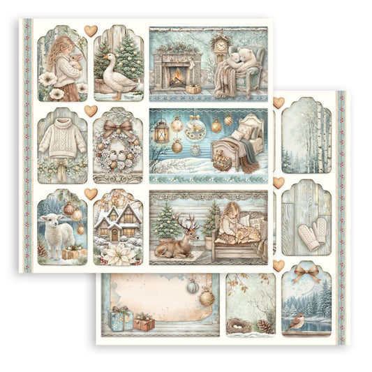A set of vintage-style winter and Christmas-themed paper sheets with illustrated panels showing a woman by a fireplace, a swan, a lamb, a deer, a cozy cabin, ornaments, and hearts, arranged on a white background.