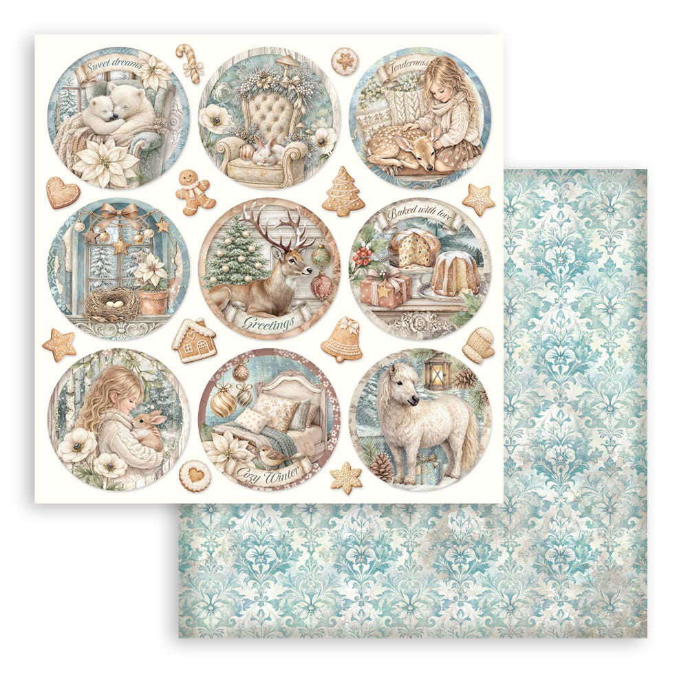 Collection of decorative rounds with illustrations of children, animals, and nature on a 12x12 double sided piece of scrapbook paper.