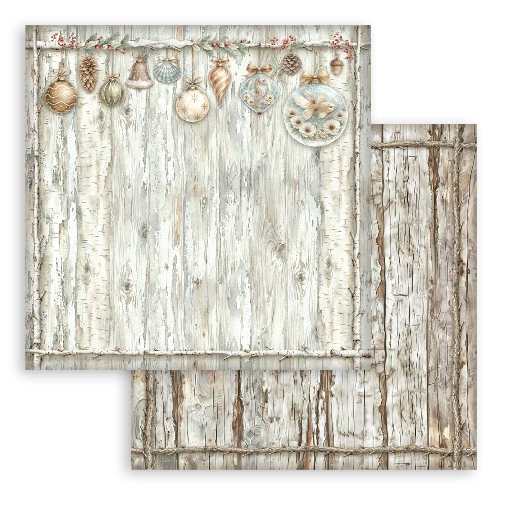 Wooden panel with Christmas ornaments and a decorative border on a white background