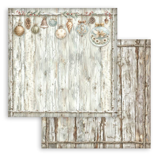 Wooden panel with Christmas ornaments and a decorative border on a white background